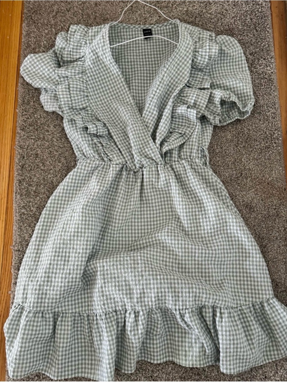 SHEIN Light Green Gingham Ruffle Wrap Mini Dress